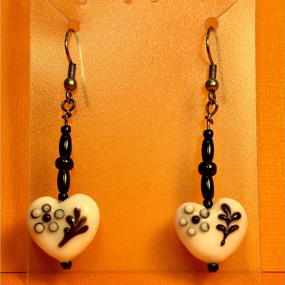 Earrings Pierced Handcrafted Unique Design Women White Glass Heart Flower/Leaf